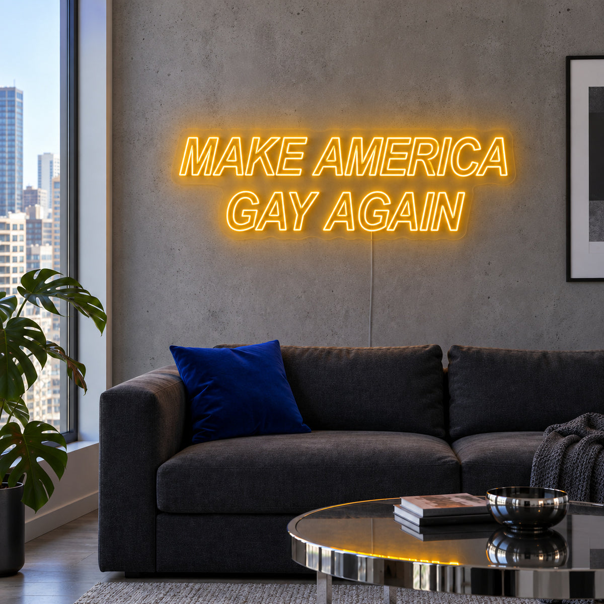Make America Gay Again Neon Sign glowing gold above a charcoal sofa.
