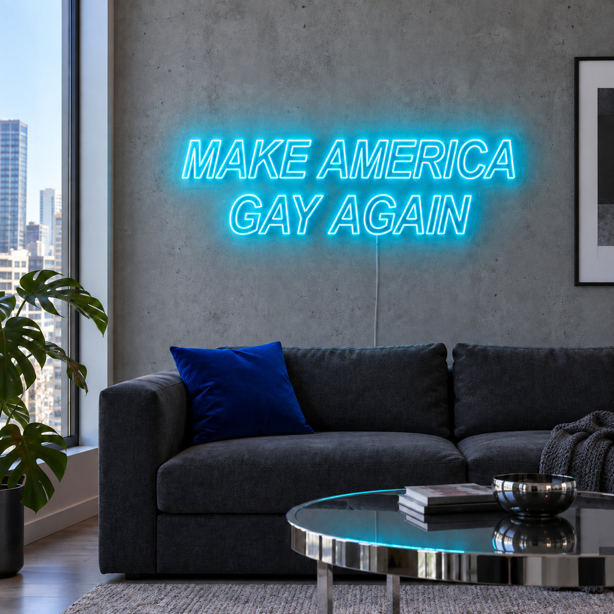 Ice Blue version of the Make America Gay Again Neon Sign, shown above a charcoal sofa.