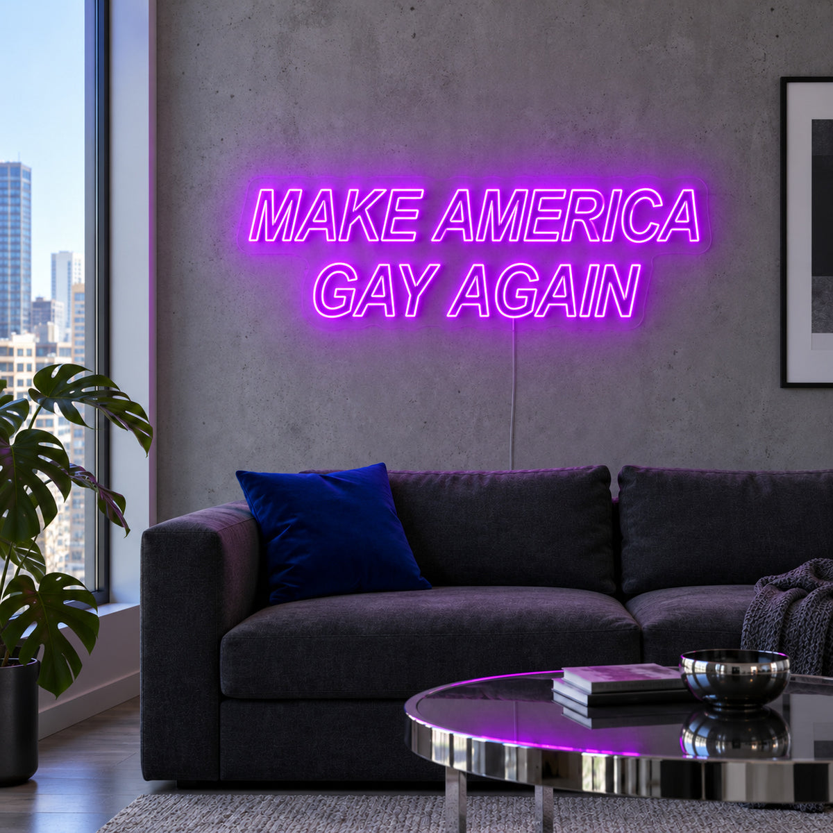 Make America Gay Again Neon Sign with purple lighting, displayed above a charcoal sofa.