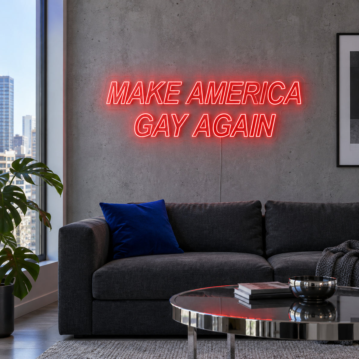 Make America Gay Again Neon Sign in red above a charcoal sofa.