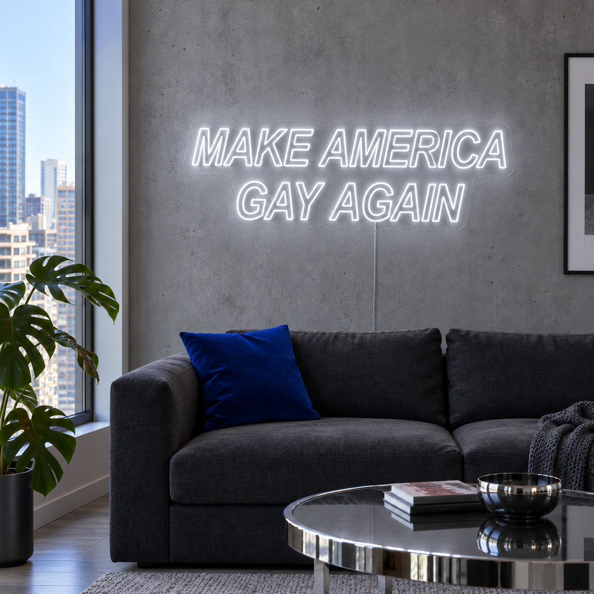 Make America Gay Again Neon Sign glowing white above a charcoal sofa.
