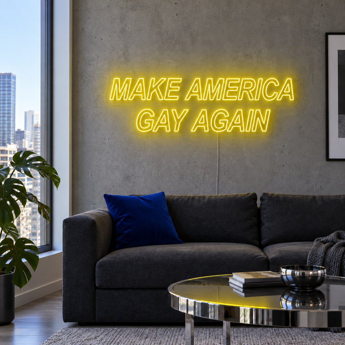 Make America Gay Again Neon Sign with yellow lighting, displayed above a charcoal sofa.