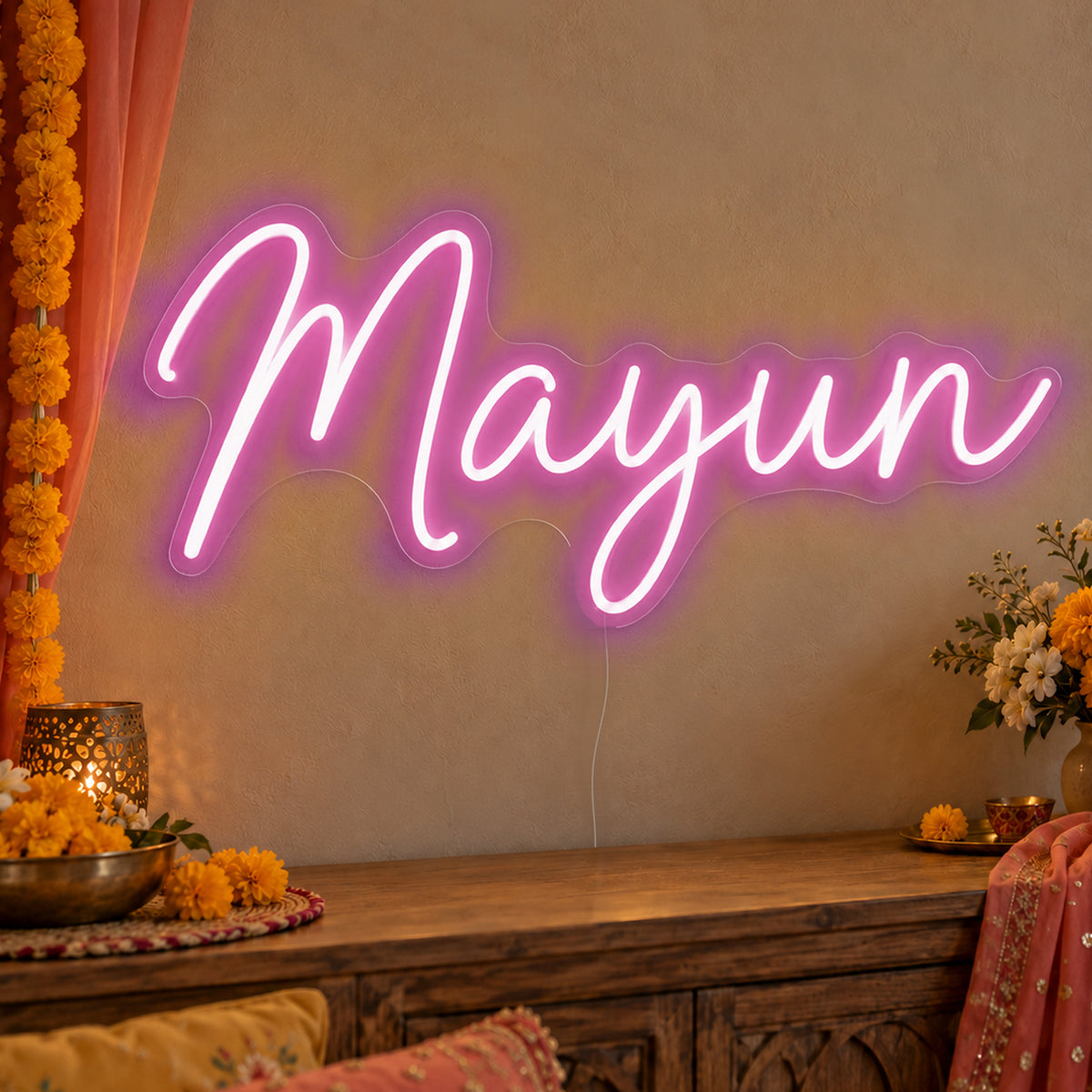 Mayun Neon Sign in pink LED neon on clear acrylic, angled view