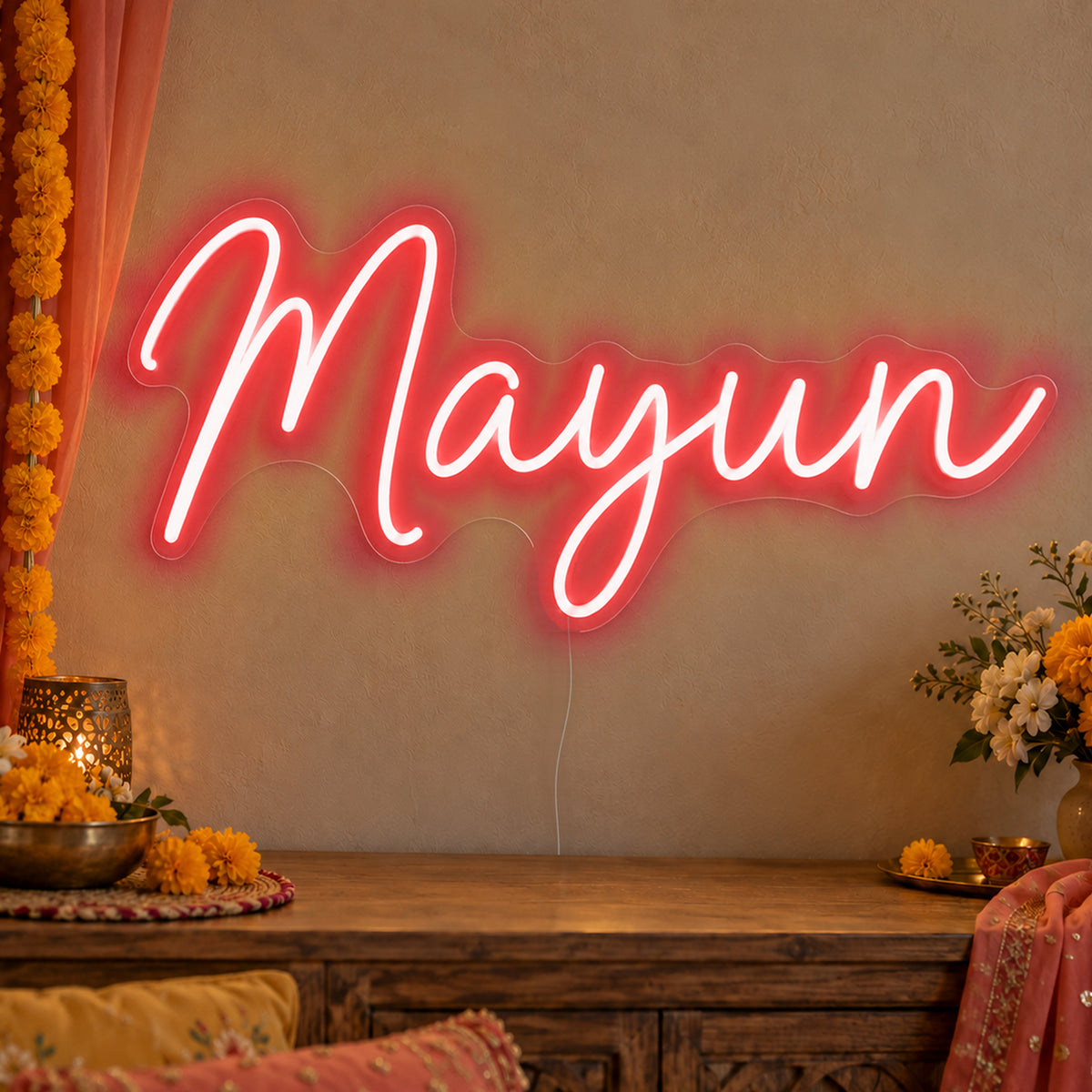Mayun Neon Sign in red LED neon on clear acrylic, angled view