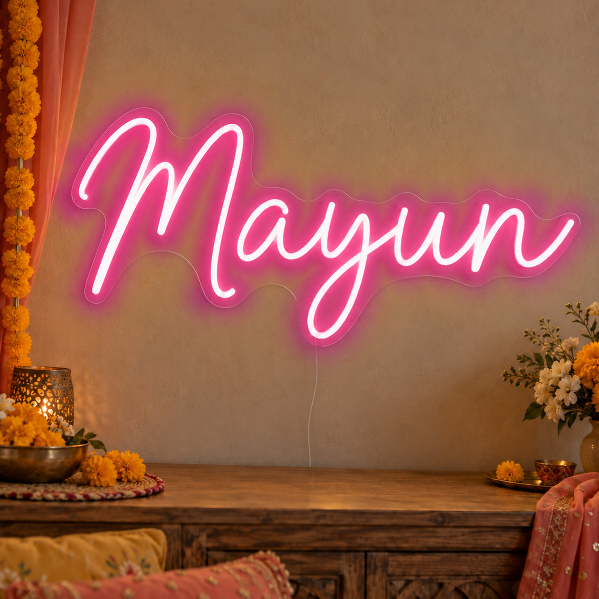 Mayun Neon Sign in rose red LED neon on clear acrylic, angled view