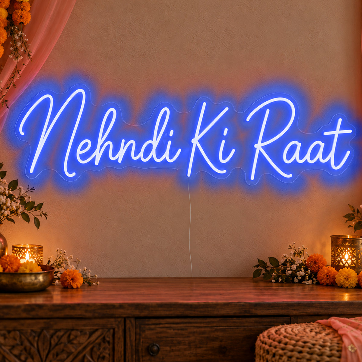 Mehndi Ki Raat Neon Sign in blue LED neon on clear acrylic, angled view