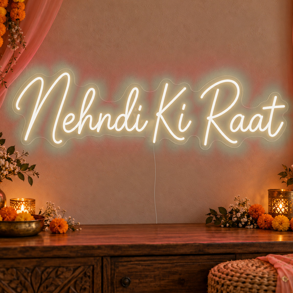 Mehndi Ki Raat Neon Sign in warm white LED neon on clear acrylic, angled view