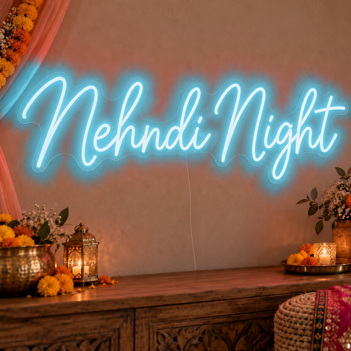 Mehndi Night Neon Sign in ice blue LED neon on clear acrylic, angled view