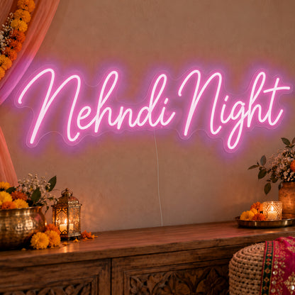Mehndi Night Neon Sign in pink LED neon on clear acrylic, angled view