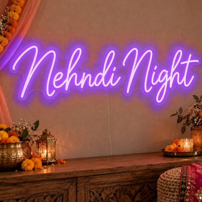 Mehndi Night Neon Sign in purple LED neon on clear acrylic, angled view