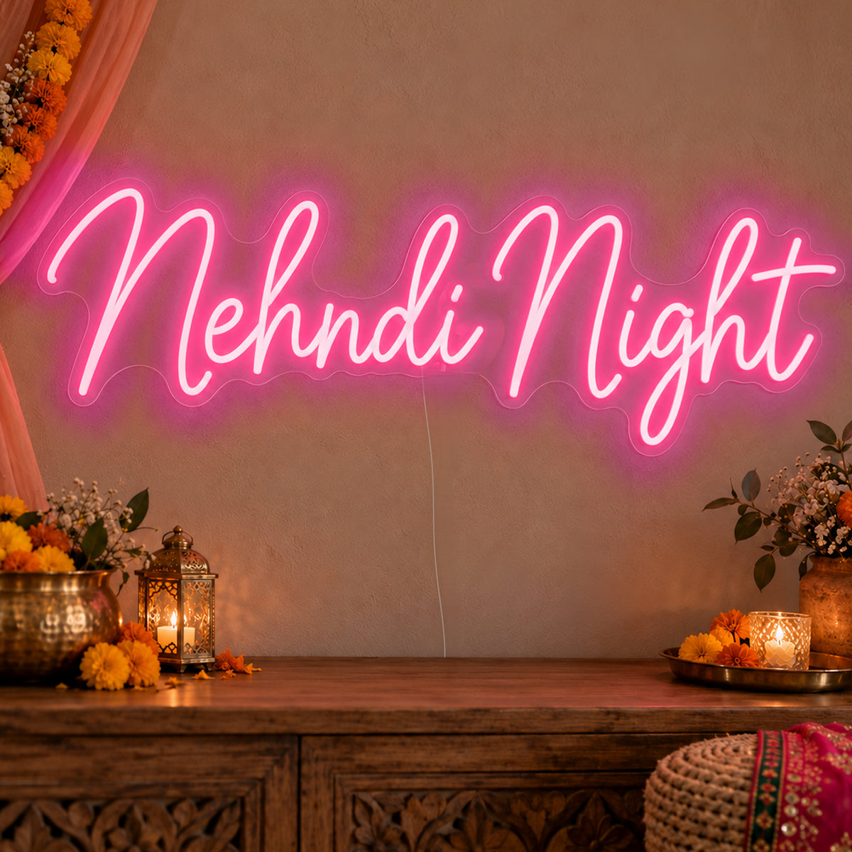 Mehndi Night Neon Sign in rose red LED neon on clear acrylic, angled view