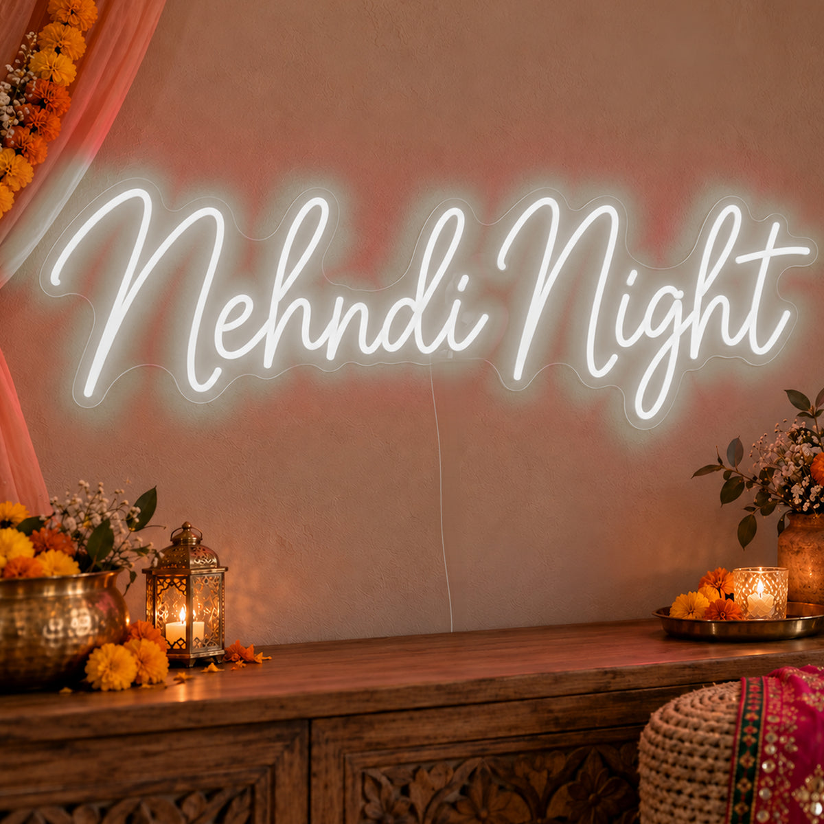 Mehndi Night Neon Sign in white LED neon on clear acrylic, angled view