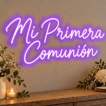 Mi Primera Comunión Neon Sign in purple LED neon on clear acrylic, angled view