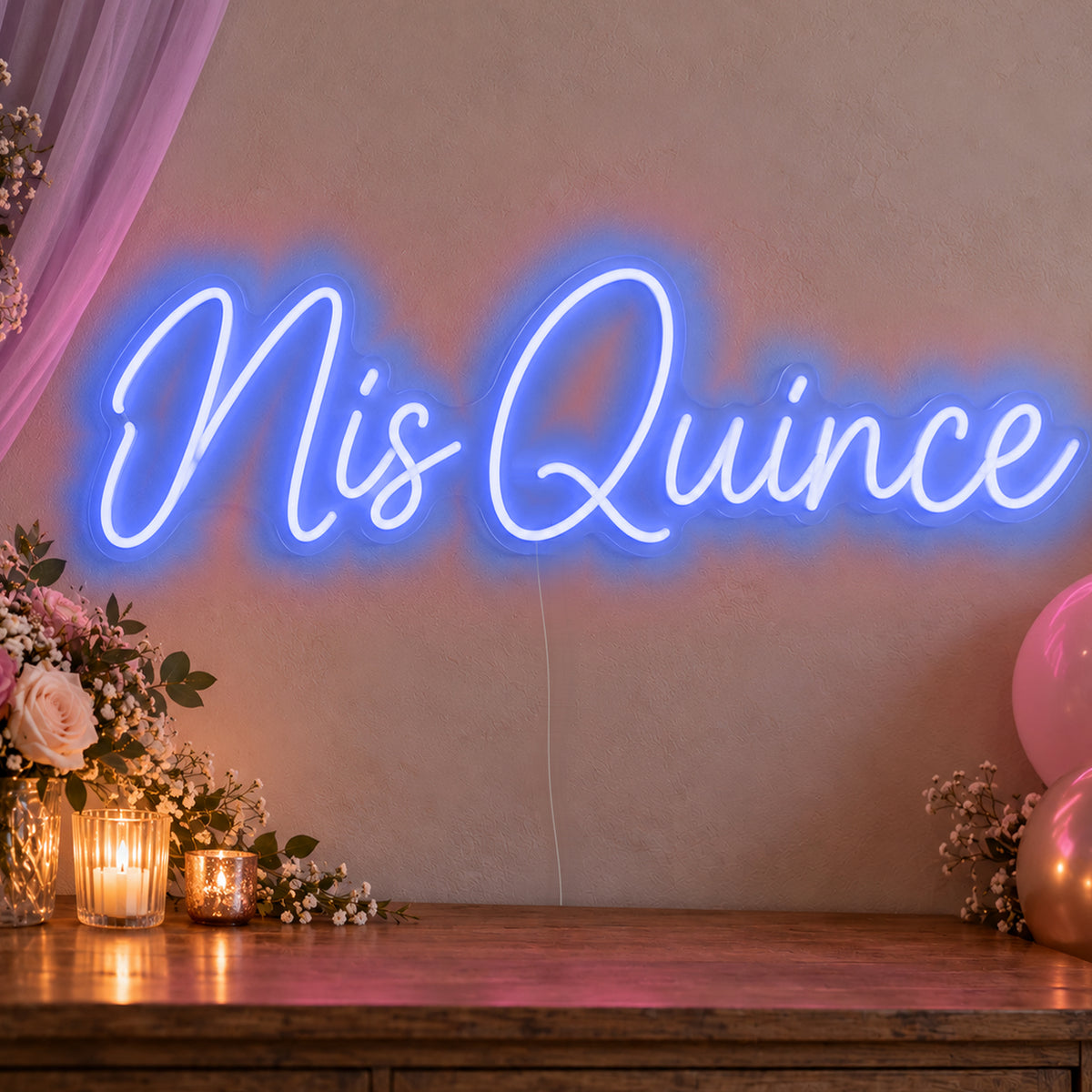 Mis Quince Neon Sign in blue LED neon on clear acrylic, angled view