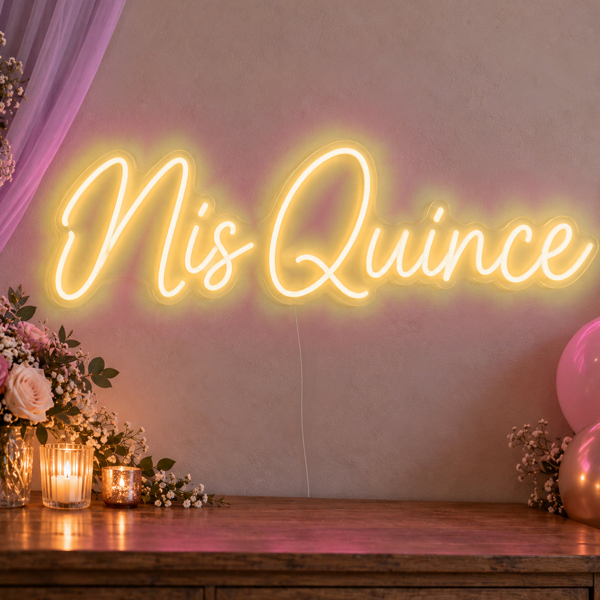 Mis Quince Neon Sign in gold LED neon on clear acrylic, angled view