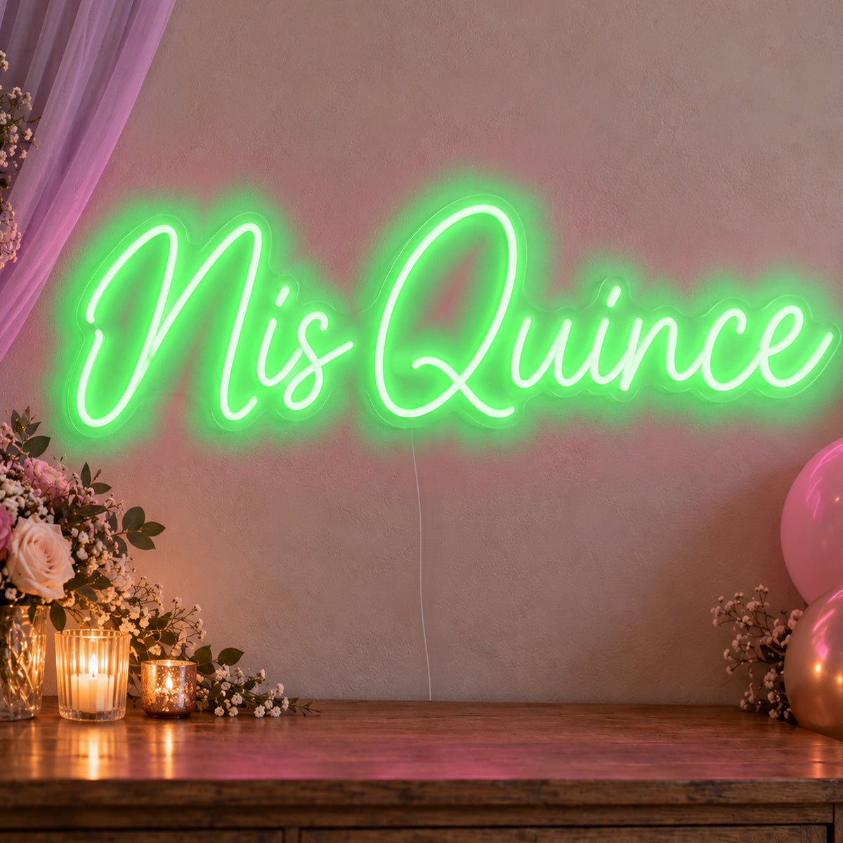 Mis Quince Neon Sign in green LED neon on clear acrylic, angled view