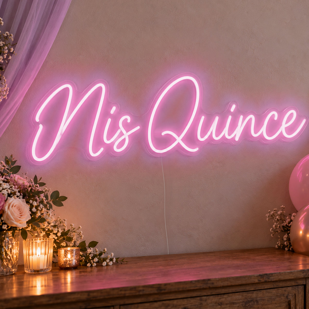 Mis Quince Neon Sign in pink LED neon on clear acrylic, angled view