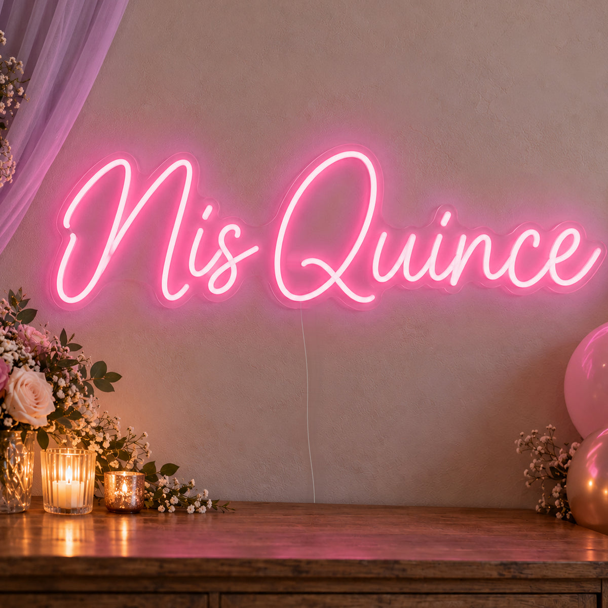 Mis Quince Neon Sign in rose red LED neon on clear acrylic, angled view