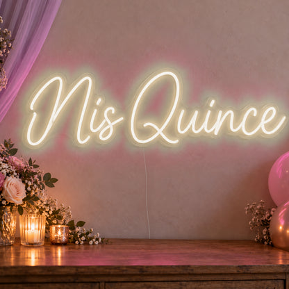 Mis Quince Neon Sign in warm white LED neon on clear acrylic, angled view