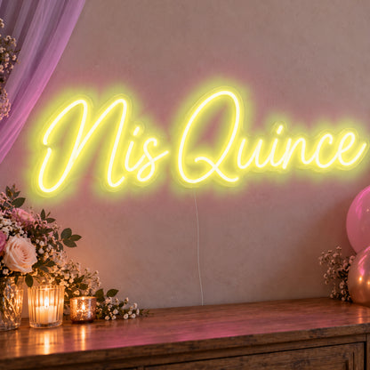 Mis Quince Neon Sign in yellow LED neon on clear acrylic, angled view