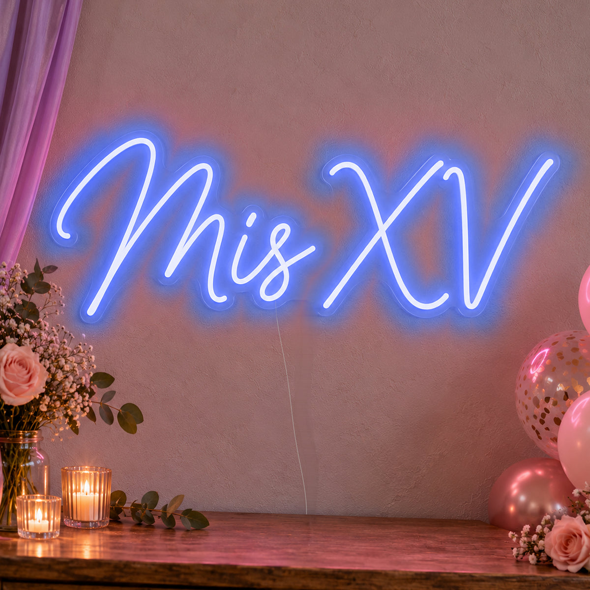 Mis Xv Neon Sign in blue LED neon on clear acrylic, angled view