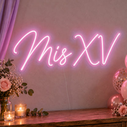 Mis Xv Neon Sign in pink LED neon on clear acrylic, angled view
