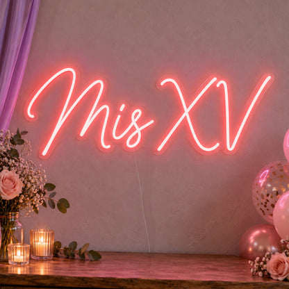 Mis Xv Neon Sign in red LED neon on clear acrylic, angled view