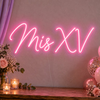 Mis Xv Neon Sign in rose red LED neon on clear acrylic, angled view