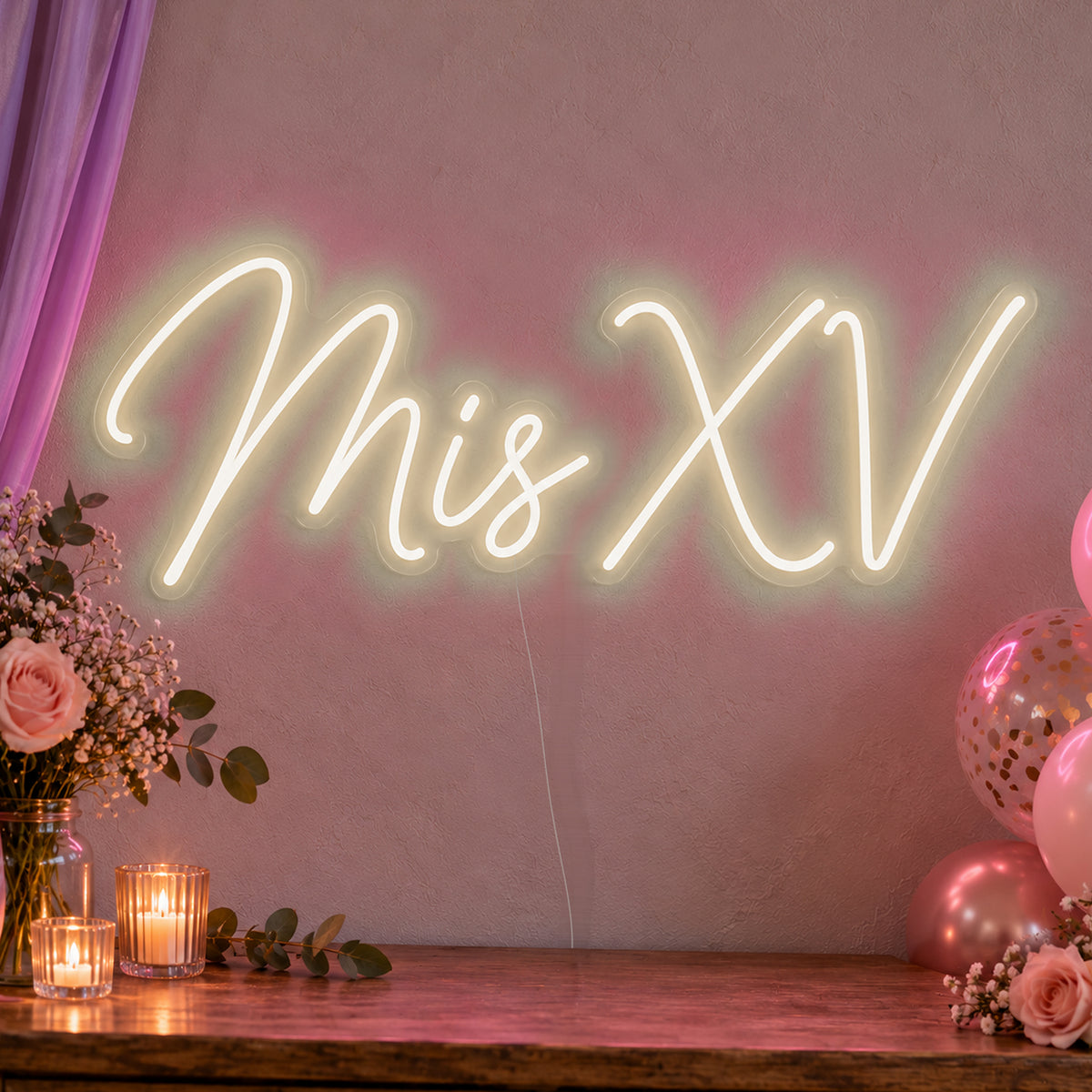 Mis Xv Neon Sign in warm white LED neon on clear acrylic, angled view