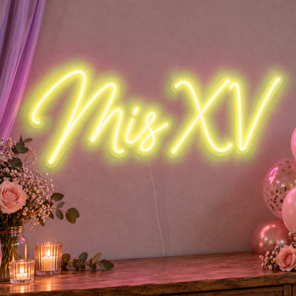 Mis Xv Neon Sign in yellow LED neon on clear acrylic, angled view