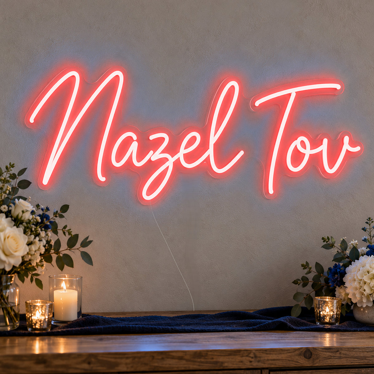 Mazel Tov Blue Neon Sign in red LED neon on clear acrylic, angled view