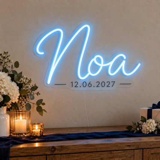 Personalised Mitzvah Name Date Neon Sign on clear cut-to-shape acrylic in an illuminated wall display; example personalisation shown.