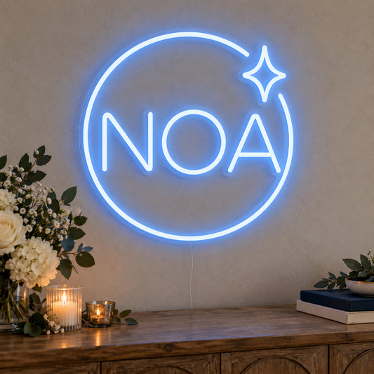 Personalised Mitzvah Party Logo Neon Sign on clear cut-to-shape acrylic in an illuminated wall display; example personalisation shown.