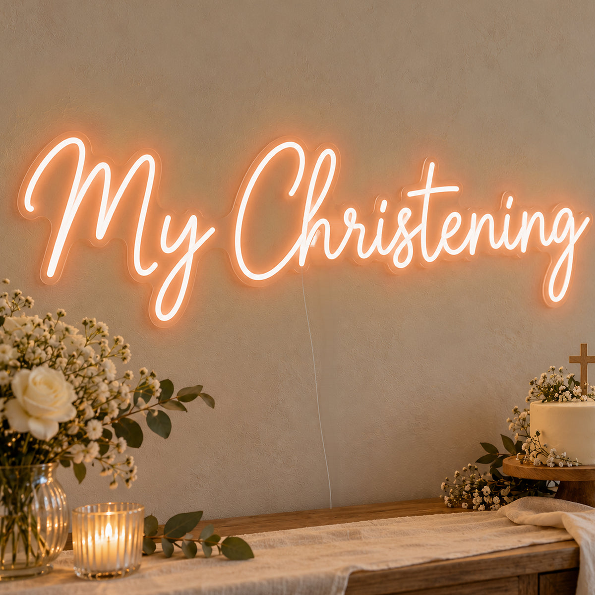 My Christening Neon Sign in orange LED neon on clear acrylic, angled view