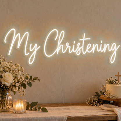 My Christening Neon Sign in warm white LED neon on clear acrylic, angled view