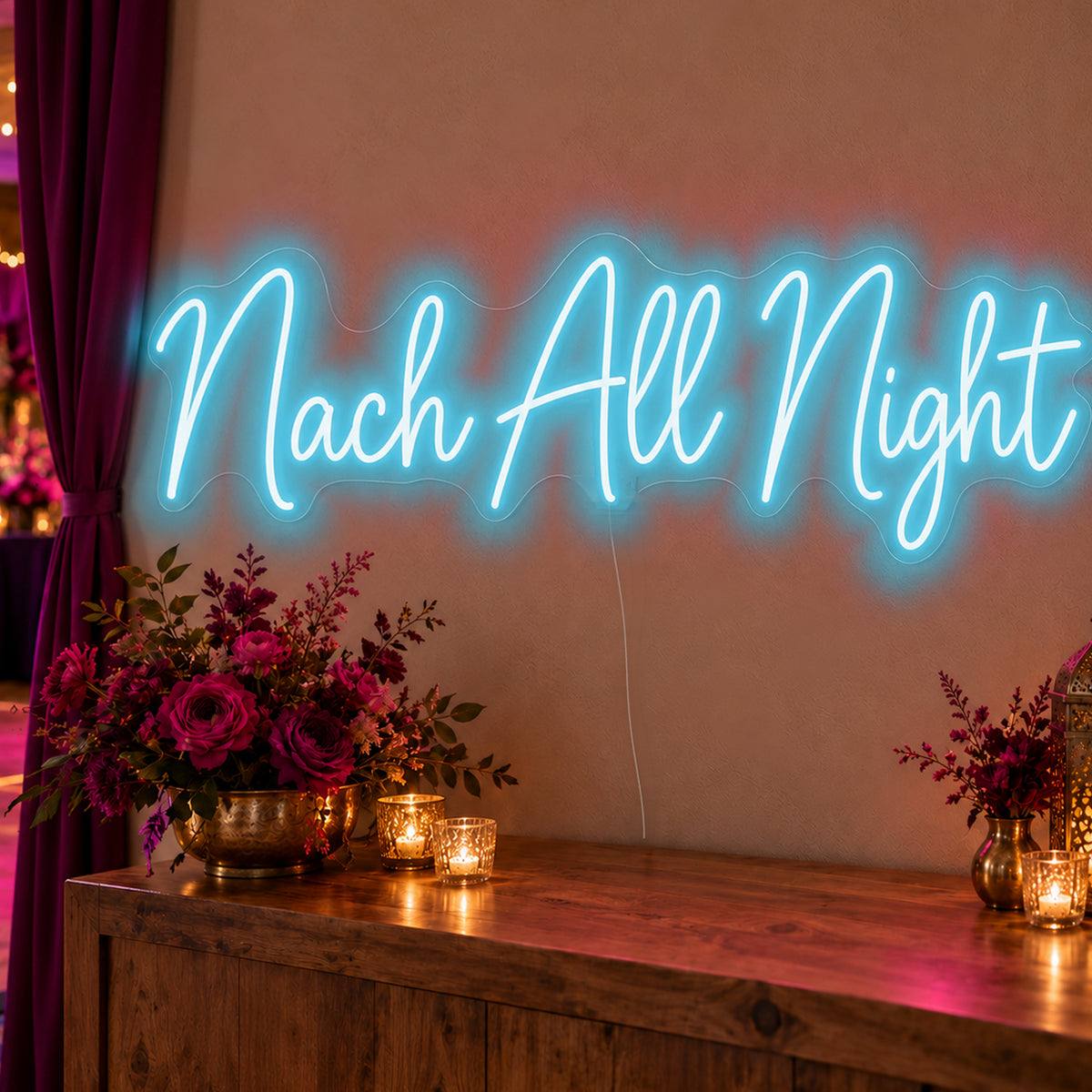 Nach All Night Neon Sign in ice blue LED neon on clear acrylic, angled view