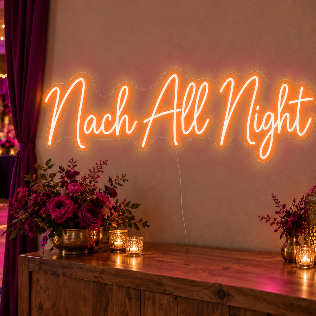 Nach All Night Neon Sign in orange LED neon on clear acrylic, angled view