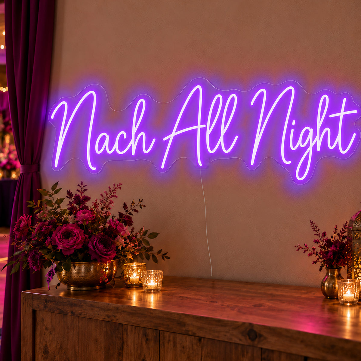 Nach All Night Neon Sign in purple LED neon on clear acrylic, angled view