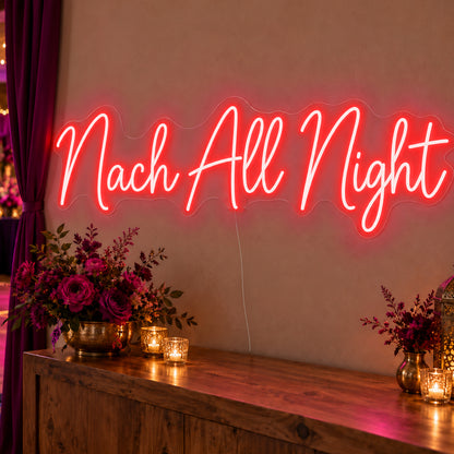 Nach All Night Neon Sign in red LED neon on clear acrylic, angled view