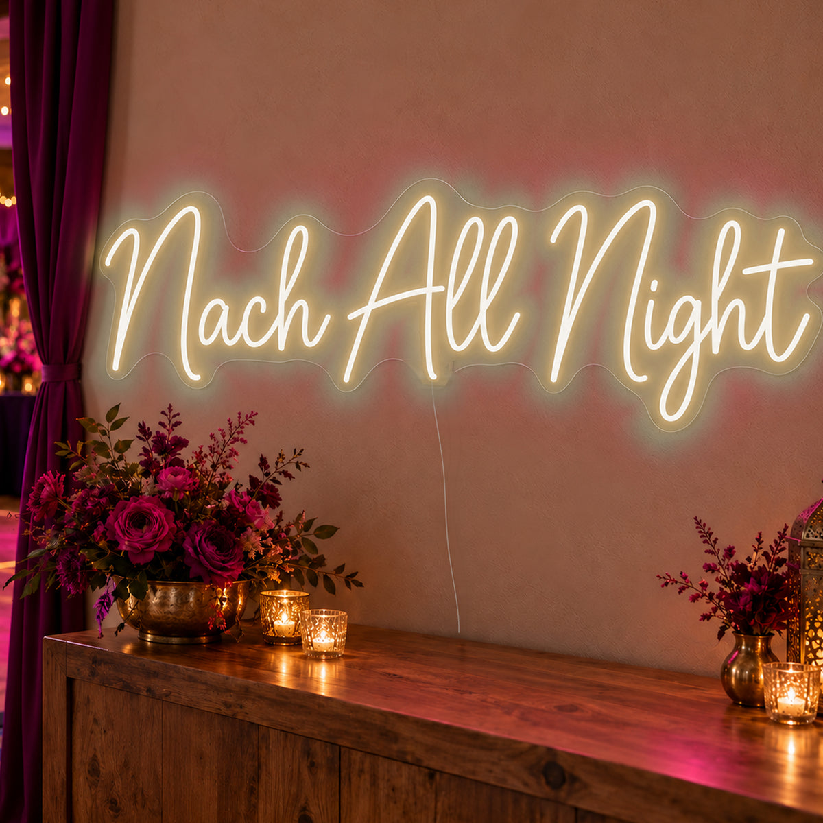 Nach All Night Neon Sign in warm white LED neon on clear acrylic, angled view