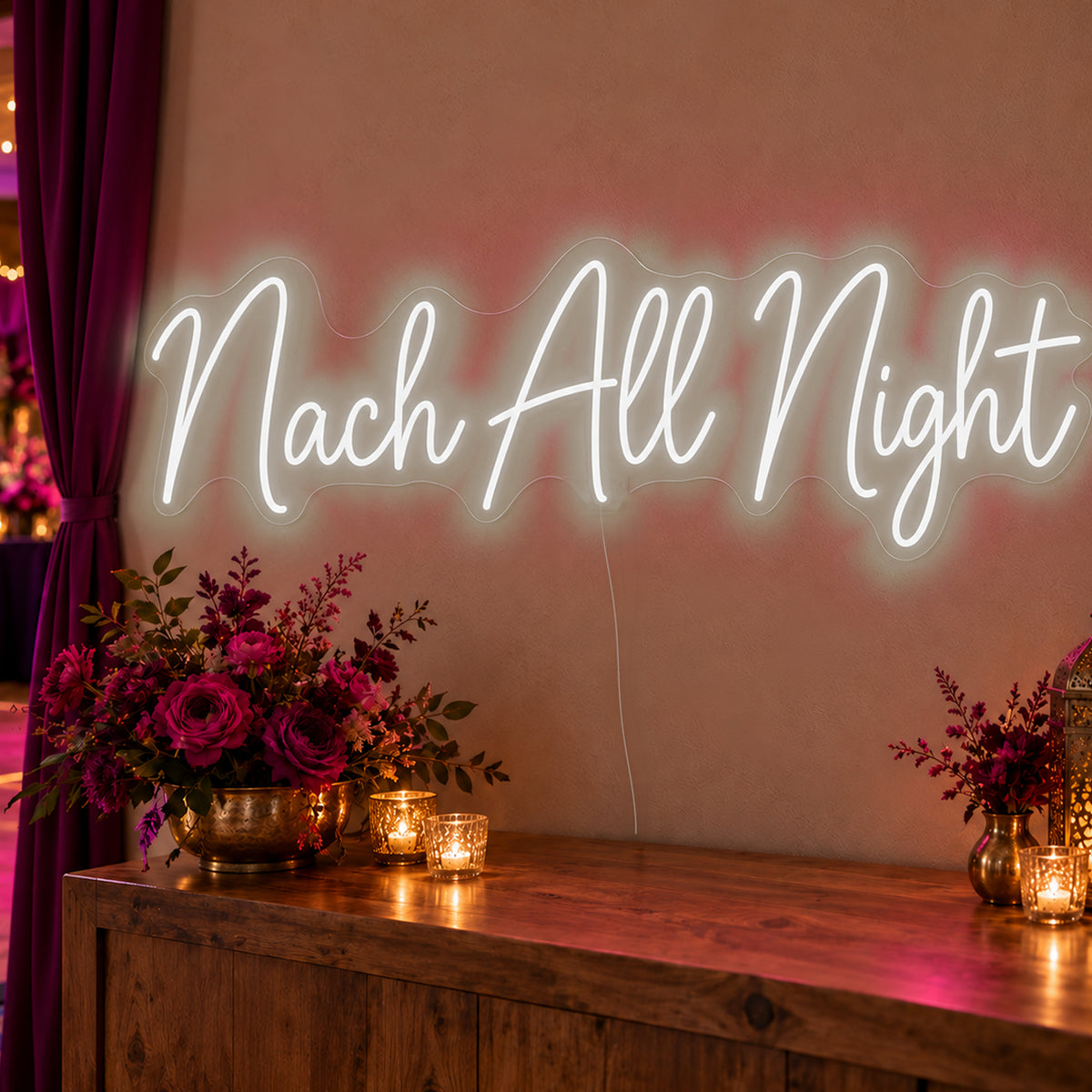 Nach All Night Neon Sign in white LED neon on clear acrylic, angled view