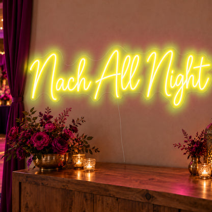 Nach All Night Neon Sign in yellow LED neon on clear acrylic, angled view
