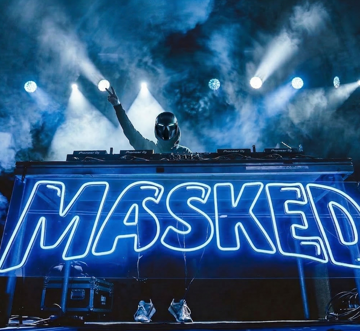Blue MASKED LED neon sign across a DJ booth, shown as custom sign inspiration for Mitcham.