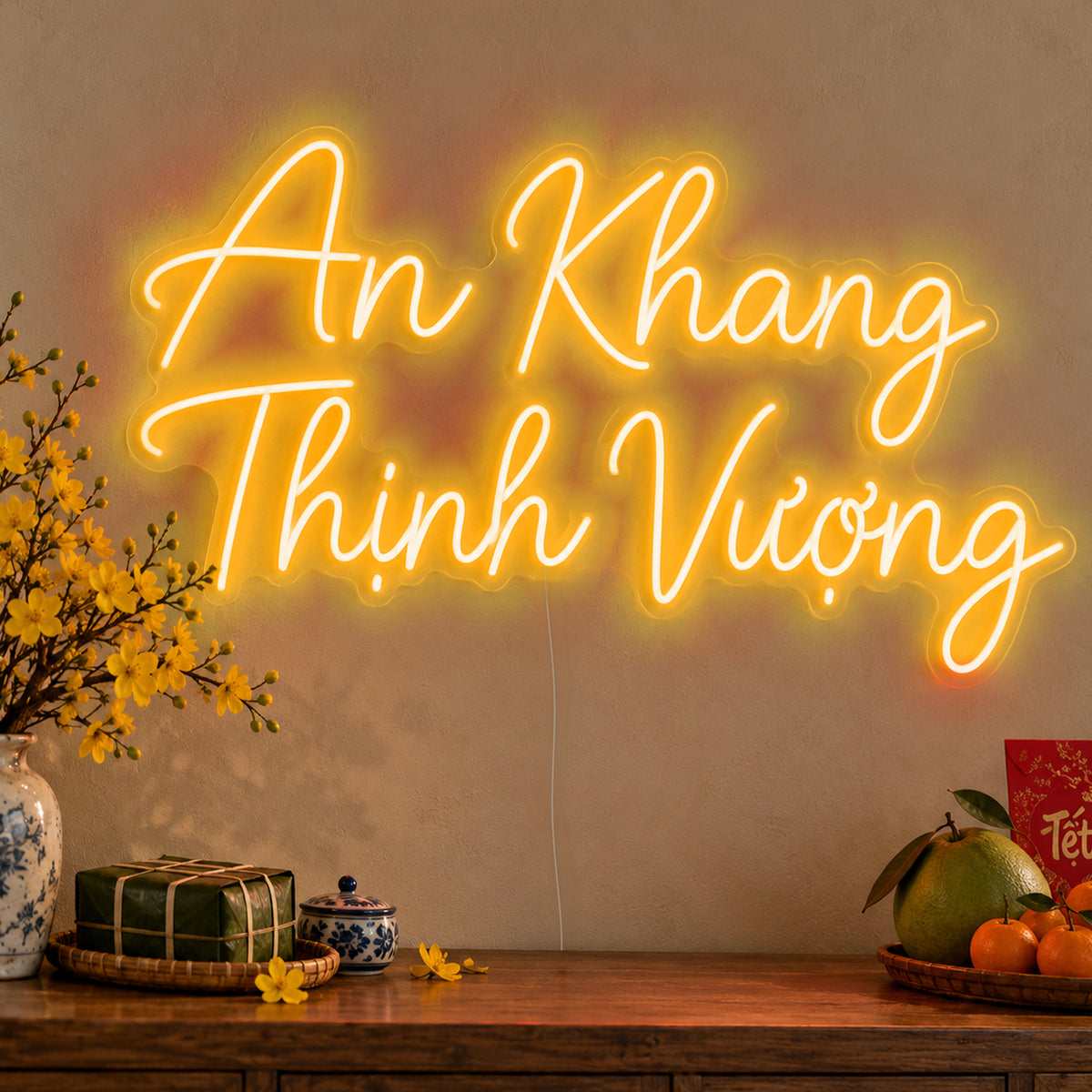An Khang Thịnh Vượng Neon Sign in gold LED neon on clear acrylic, angled view