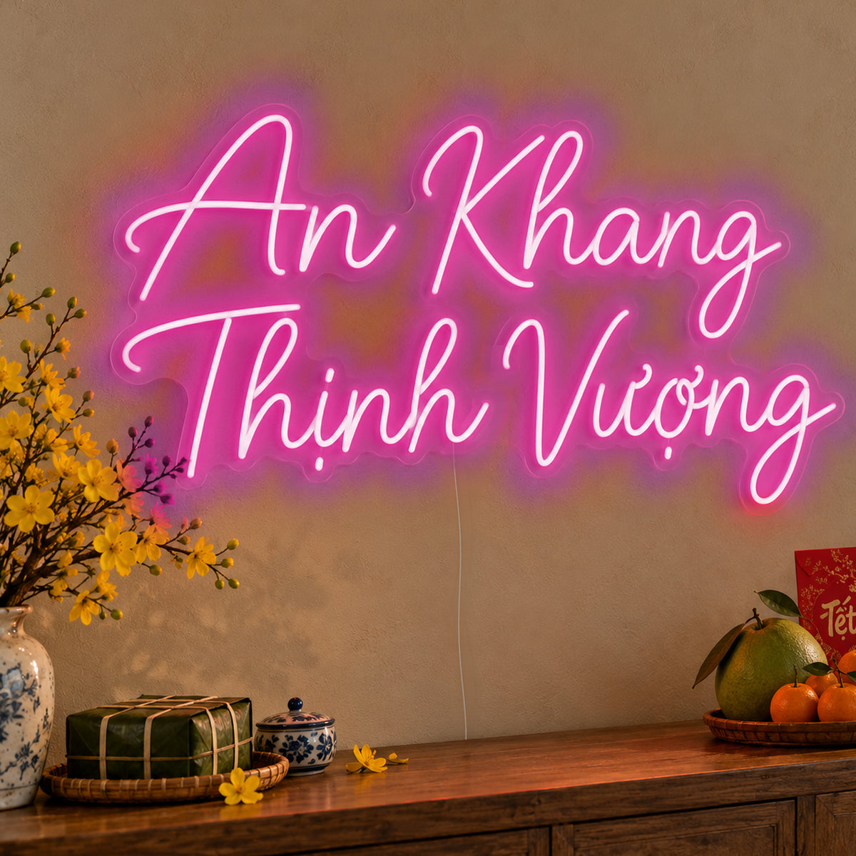 An Khang Thịnh Vượng Neon Sign in pink LED neon on clear acrylic, angled view