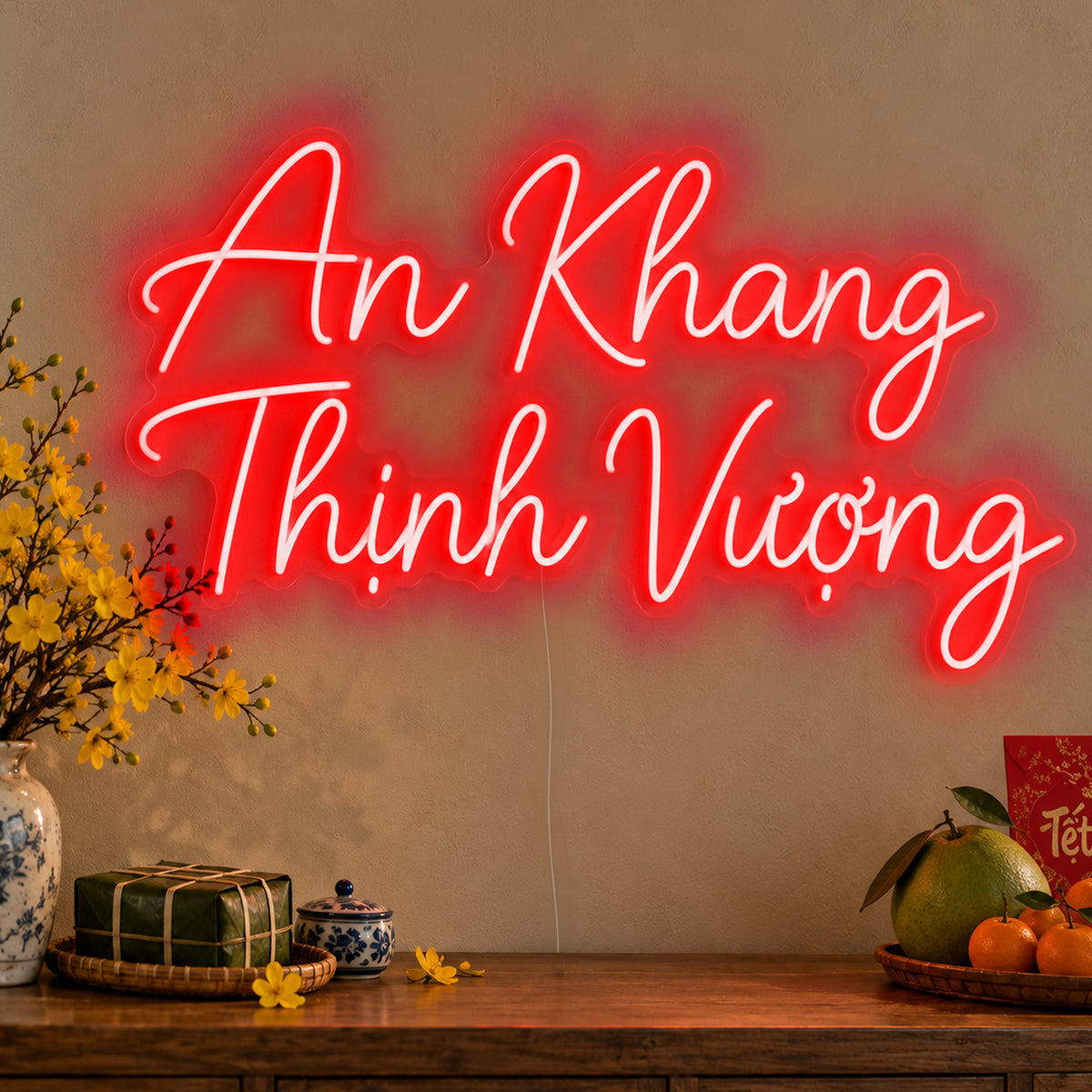 An Khang Thịnh Vượng Neon Sign in red LED neon on clear acrylic, angled view