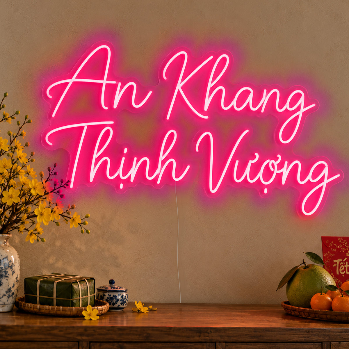 An Khang Thịnh Vượng Neon Sign in rose red LED neon on clear acrylic, angled view