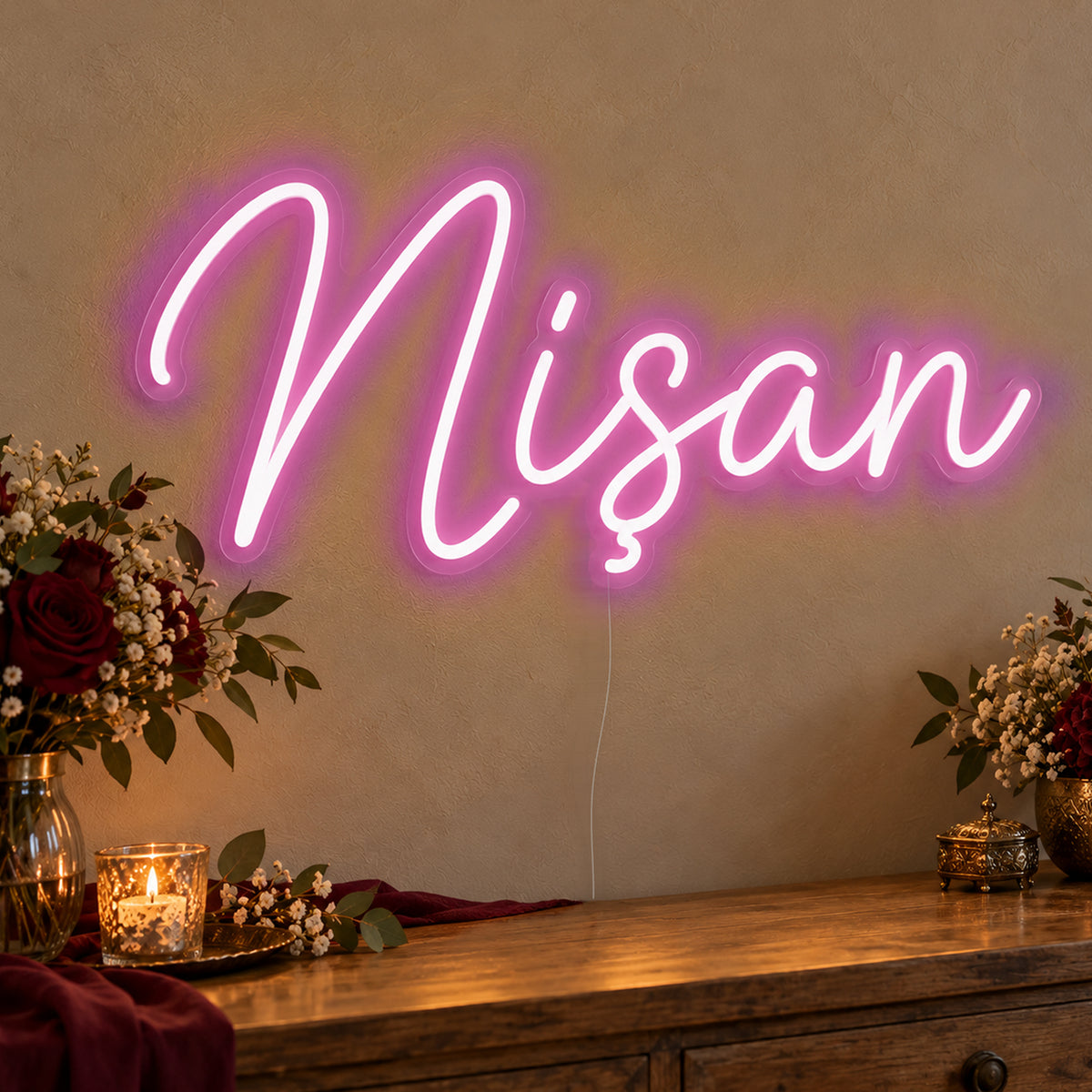 Nişan Neon Sign in pink LED neon on clear acrylic, angled view