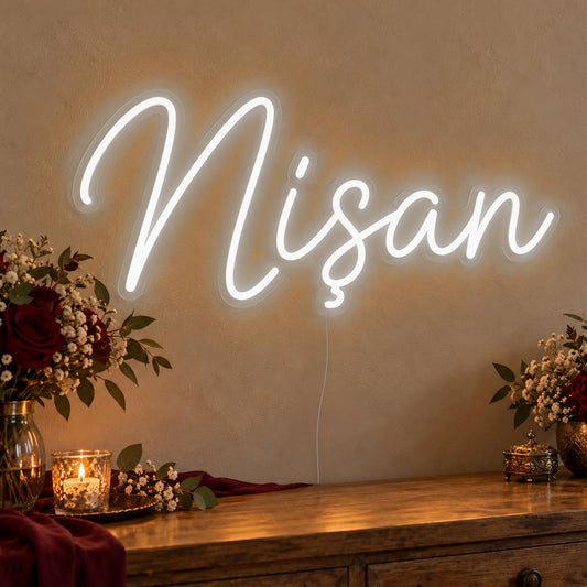 Nişan Neon Sign in white LED neon on clear acrylic, angled view