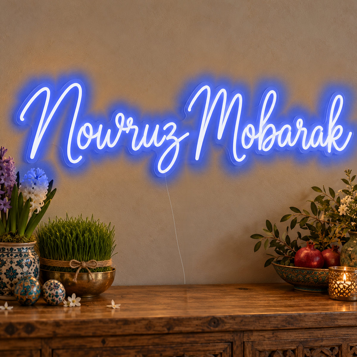 Nowruz Mobarak Neon Sign in blue LED neon on clear acrylic, angled view